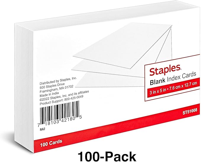 Staples Index Cards, 3" x 5", Blank, White, 300 Pack – Unruled Cards for Flashcards, Study Notes & Organization