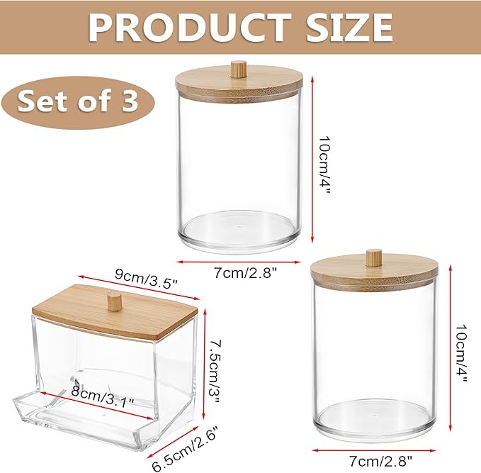 BTSKY Set of 3 PaperClip Holders with Bamboo Lid, Round Binder Holder for Desk, Clear Paper Clip Dispenser Small Office Supply Accessory Organizer Qtip Holder for Office Bathroom Vanity, Beige