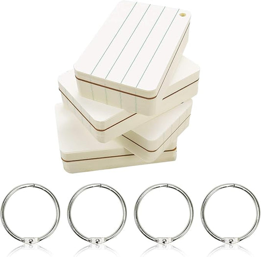 Chris-Wang 200 Sheets Hole Punched and Perfed Words Study Card Flash Cards with 4 Metal Binder Rings, Style A(4 Ruled Line Front, Blank Reverse)