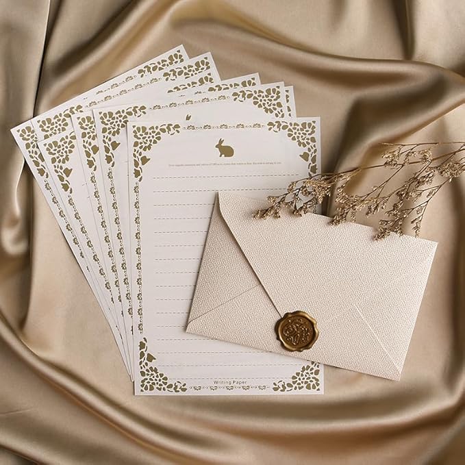 100 Sheets Rabbit Stationery Lined Paper,A5 Stationery Writing Paper with Antique Border Design,Letter Size (Unpunched) Ruled Filler Paper for Writing Letters,Vintage Invites (White)