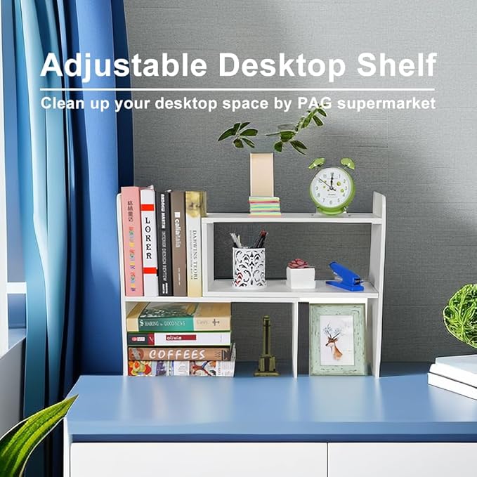 PAG Desk Organizer Desktop Shelf Adjustable Countertop Bookshelf Small Table Shelves Book Organizer Office Organization for Desk, White