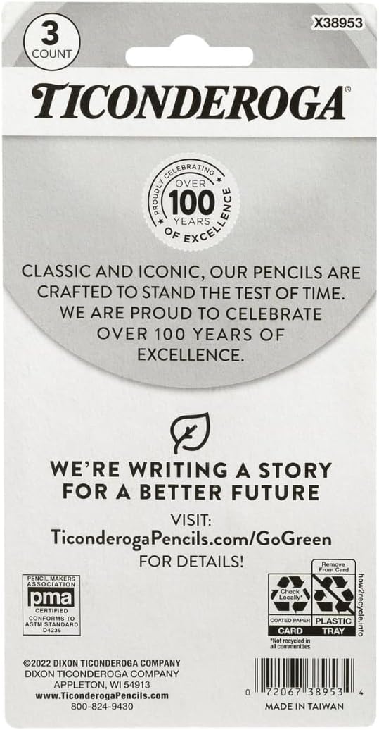 Ticonderoga Pencil Shaped Erasers (38953), 0.75" x 2.875", Yellow, 3/Pack, Class Set of 12 Packs, 36 Erasers Total