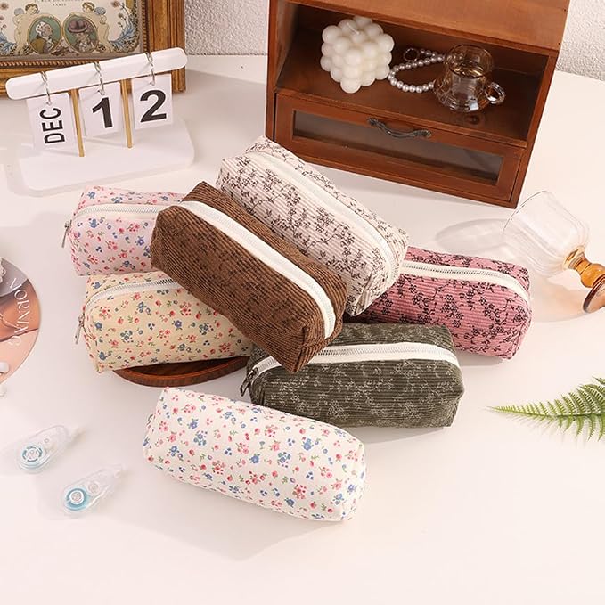 Corduroy Pencil Case for Girls Kids Large Capacity Aesthetic Pen Pouch Makeup Bag Cosmetic Organizer Cute Stationery Storage Bag for School Office Travel Minimalist Pencil Box (Floral-D)