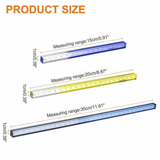 HARFINGTON 3pcs Acrylic Clear Straight Rulers 15/20/30cm Metric Transparent Gradient Three-Dimensional Plastic Ruler Square Cube Measuring Tool for Office, Blue/Yellow/Blue-Gray