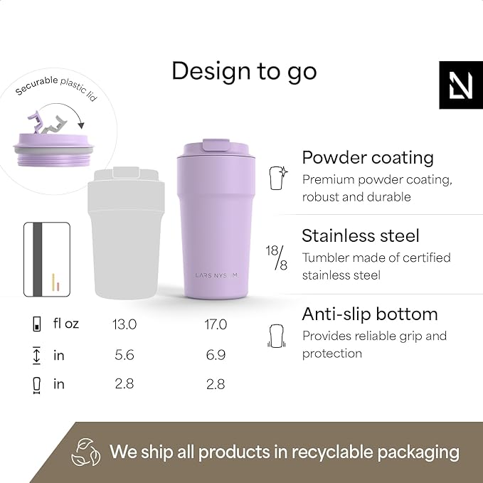 LARS NYSØM Thermo Coffee Mug to go 17oz | Travel Mug 0.5 Liter with Insulation | Silicone grip base | Leak Proof Stainless Steel Tumbler for Coffee and Tea on the Go (Powder Purple, 17oz)