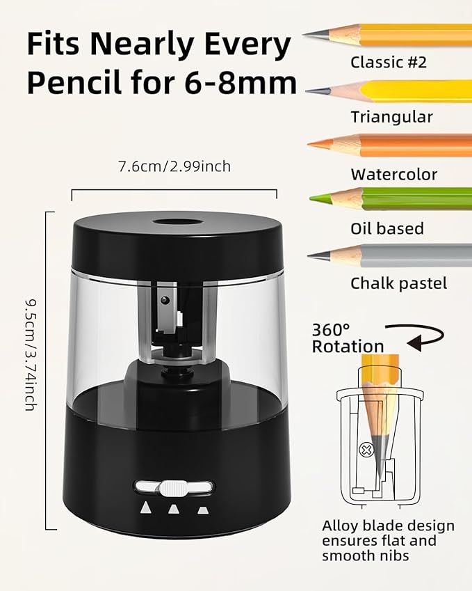 ZMOL Electric Pencil Sharpener for Kids - 3 Modes, Battery Powered & USB, Tungsten Steel, Fast Sharpening for Colored Pencil No.2, Classroom Office Home, 6-8mm, Black