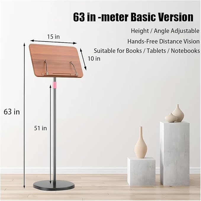 Adjustable Standing Book Stand,Book Reading Stands,Wood Music Sheet，Podium& Bible& Cookbooks Display Stands.Goodbye to Head Down Fatigue Adjustable Viewing Angle (Black, 63in)