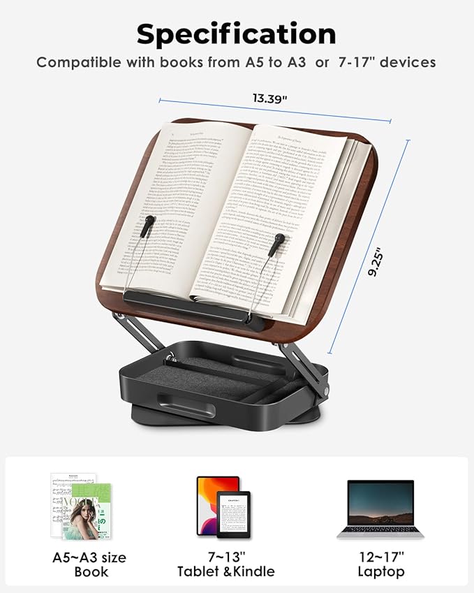 Viozon 360° Rotating Ergonomic Book Stand for Reading - Adjustable Wood Book Holder for Neck Pain Relief, for Heavy Textbooks & Cookbooks, No-Assembly Hands-Free Stand for Students & Home Office