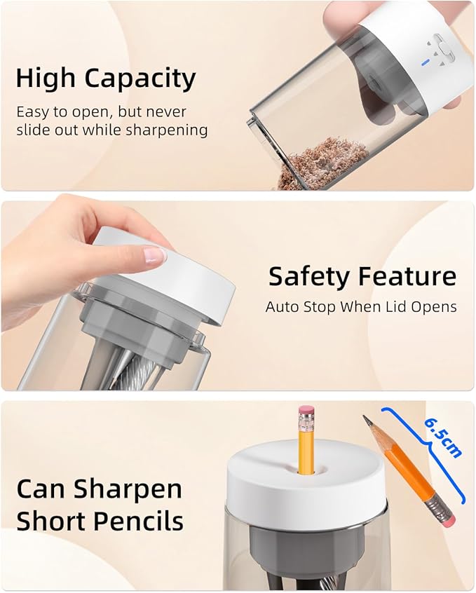 ZMOL Electric Pencil Sharpener for Colored Pencils, Rechargeable Hands-Free Pencil Sharpeners,Fully Automatic Robot Pencil Sharpener, Auto in & Out, Pencil Sharpeners for Kids Home