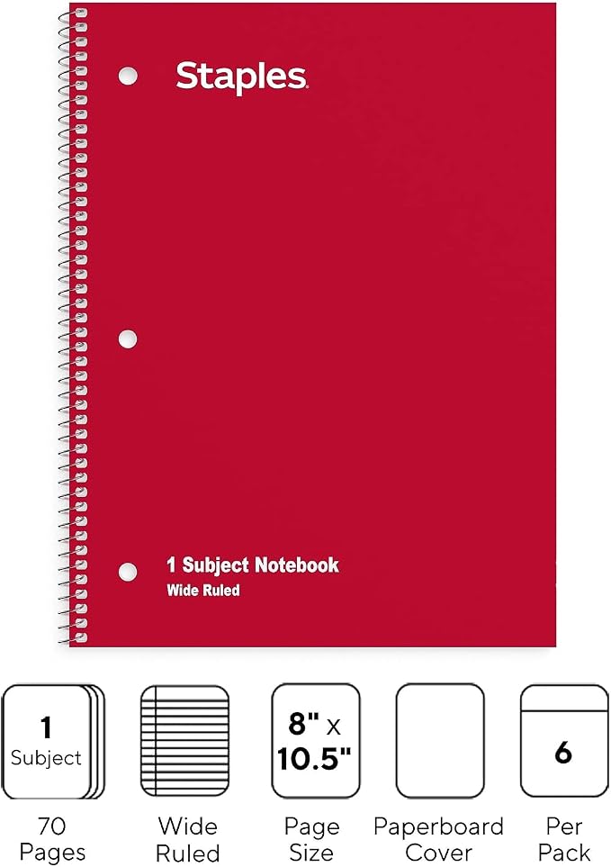 Staples 1-Subject Spiral Notebook, Wide Ruled, 70 Sht, Assorted, 6-Pk