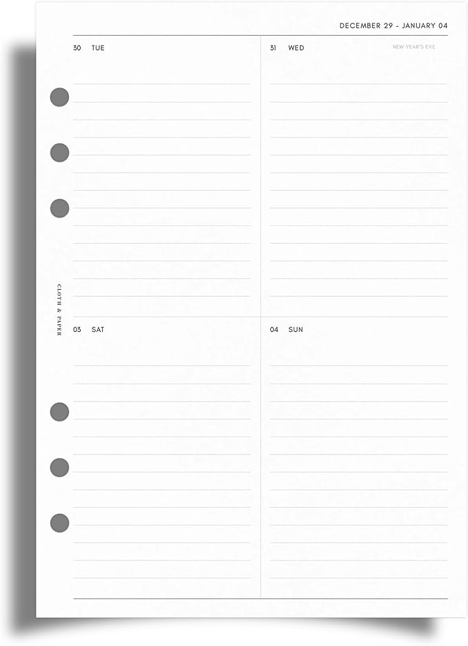 Cloth & Paper 2026 Dated Weekly Planner Inserts - Monday Start | A5 Size 5.8 x 8.3 Inches | Vertical Weekly Layout, 215 | Minimal Agenda Refill | 6 Ring A5 Binder Planner Inserts