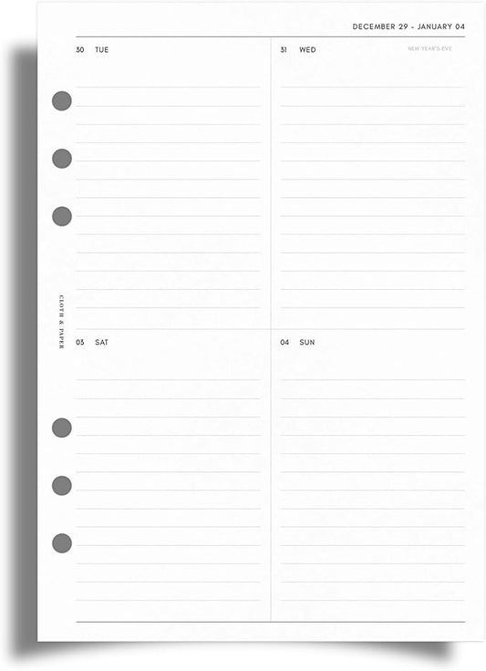 Cloth & Paper 2026 Dated Weekly Planner Inserts - Monday Start | A5 Size 5.8 x 8.3 Inches | Vertical Weekly Layout, 215 | Minimal Agenda Refill | 6 Ring A5 Binder Planner Inserts