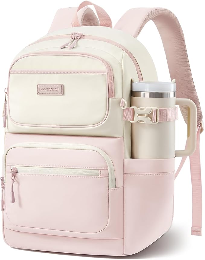 LOVEVOOK School Backpack for Teen Girls & College Students, Large Capacity Laptop Backpack with Water Bottle Holder, Lightweight Bookbag for School, Travel & Everyday Use, Beige-Pink
