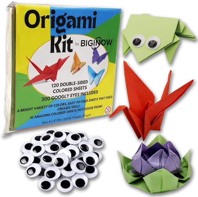 BIGINOW DIY Origami Kit - 120 Double-Sided Colorful Sheets with 200 Googly Eyes (6 x 6 in / 15 x 15 cm - 70 GSM)