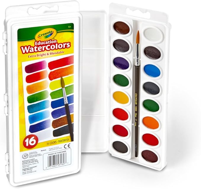 Crayola Watercolor Paint Set (16 Count), School Supplies Essentials, Washable Paint for Kids, 1 Paint Brush, Arts & Crafts, Assorted Colors, Ages 4+