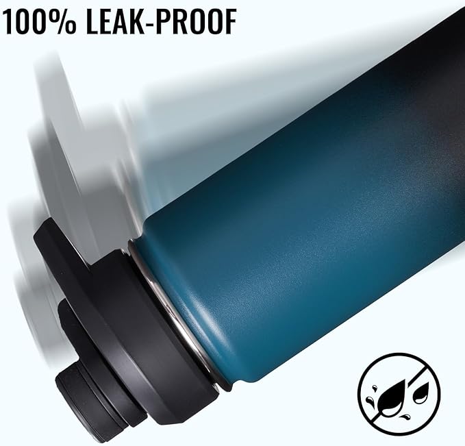 Fijinhom 24 oz Insulated Water Bottle with Handle, 304 Stainless Steel Water Bottles with 2 Lids, Double Wall Vacuum Sports Water Cup with Straw, BPA Free, Keep Cold and Hot, Blue/Black