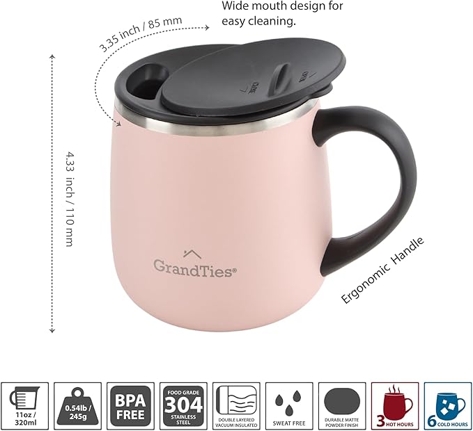 GRANDTIES 11oz Insulated Coffee Mug with Sliding Lid, Wine-Glass Shape Thermal Tumbler with Double Walled Vacuum Stainless Steel to Keeps Beverages Hot or Cold (Peach Crème)