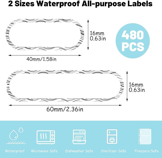 480PCS Waterproof Labels for Bottles, Self-Laminating Multipurpose Name Labels for Daycare School (Black & White)