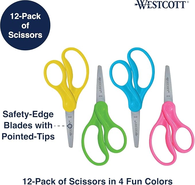 Westcott Right & Left-Handed Scissors For Kids - Back to School Essentials, Classroom Must Haves, Art Supplies - 5-Inch Pointed Safety Scissors - Assorted Colors - 12 Pack (ACM13141)