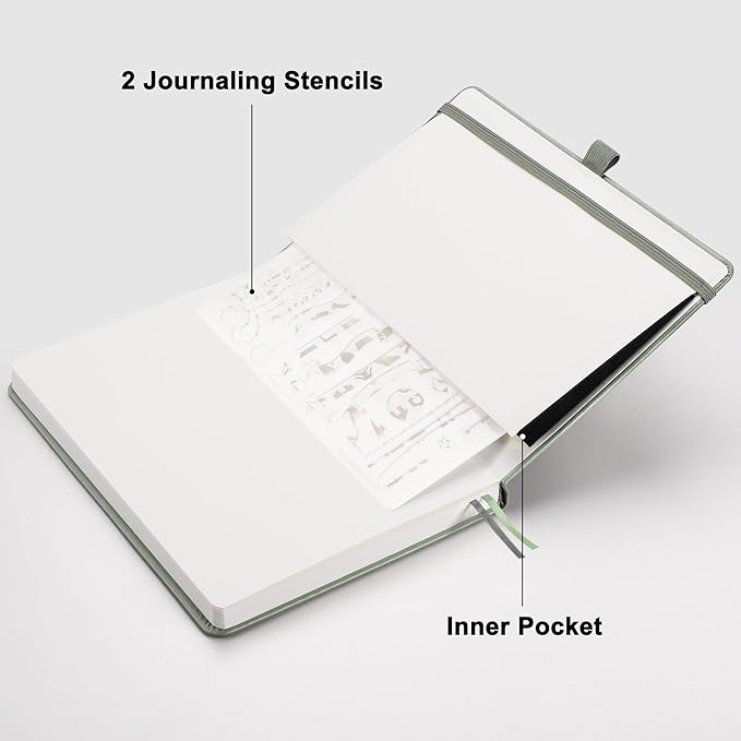 RETTACY Dotted Journal Notebook, 192 Pages, A5 Medium Size (5.7'' x 8.3''), Leather Hardcover, 100 GSM Thick Paper, for Journaling, Planning, Tracking (Sage Green)
