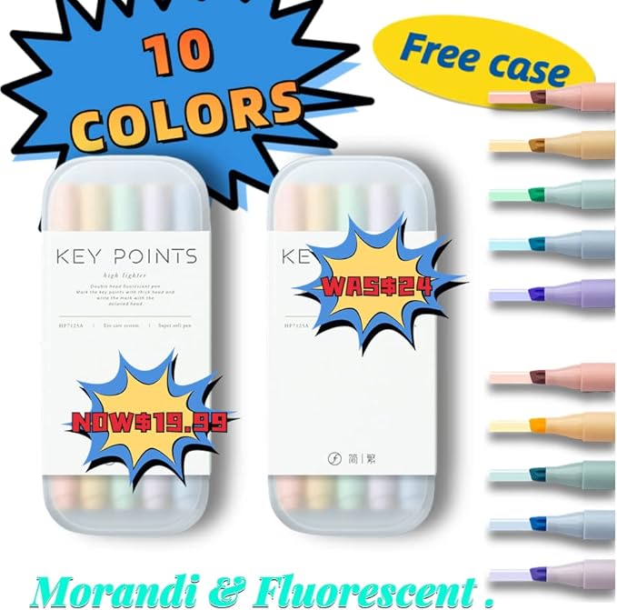 Dual-Tip Highlighters, Free Pencil Case, Chisel Tip & Fineliner Tip, No Bleed Up, Pestal Quick-Drying Highlighter (Mrandi+Pastel)
