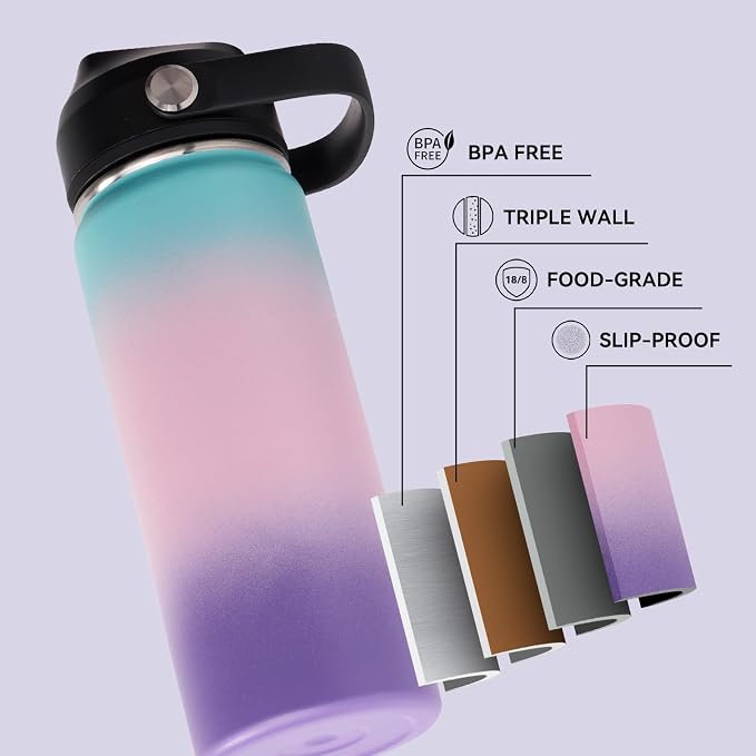 Fijinhom 24oz Insulated Stainless Steel Water Bottle, Wide Mouth Double Wall Vacuum, Silicone Straw, Sweat & Leak Proof, BPA Free Insulated Water Flask for Travel, Keep Cold 24h Hot 12h, Pink