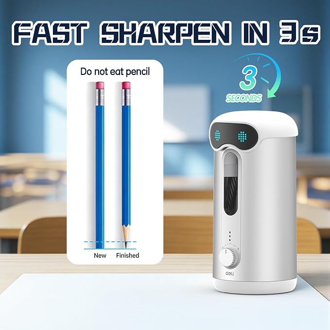 deli Electric Pencil Sharpener, Fully Automatic Pencil Sharpener for 7-11mm Colored/Jumbo Pencils, Auto in & Out, Rechargeable Hands-Free Pencil Sharpener for Classroom Home Office, Low Noise, Silver