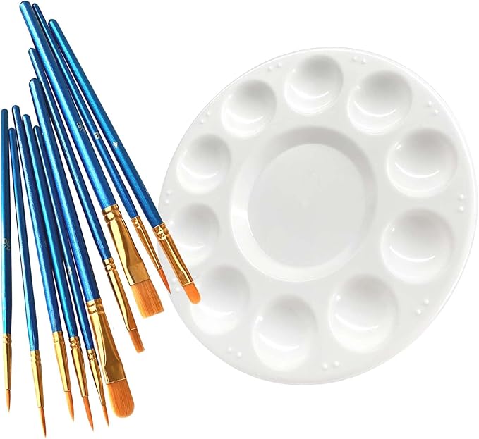 Paint Brushes Palette Set, 10pcs Nylon Hair Brushes and 1pcs Plastic Paint Palette, Combination Suitable for Oil, Acrylic and Watercolor
