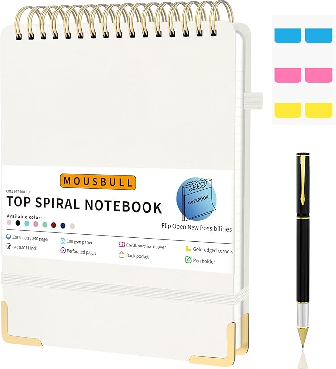 Mousbull Top Spiral Notebook, A4 Hardcover Top Bound Steno Pads, 240 Pages 100gsm College Ruled Left Handed Notebook Journal for Work, School, Meeting Writing - Beige, 8.5" x 11"