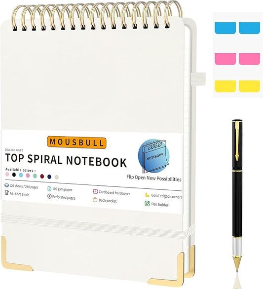 Mousbull Top Spiral Notebook, A4 Hardcover Top Bound Steno Pads, 240 Pages 100gsm College Ruled Left Handed Notebook Journal for Work, School, Meeting Writing - Beige, 8.5" x 11"