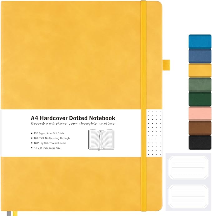 Dotted Journal, Hardcover Notebook 8.5 x 11, Dot Grid Notebook Journal for Women, Men, Large Leather Journals for Writing, Bullet, No Bleed Thick Paper, A4 Notebooks for Work, School, Notes, Yellow