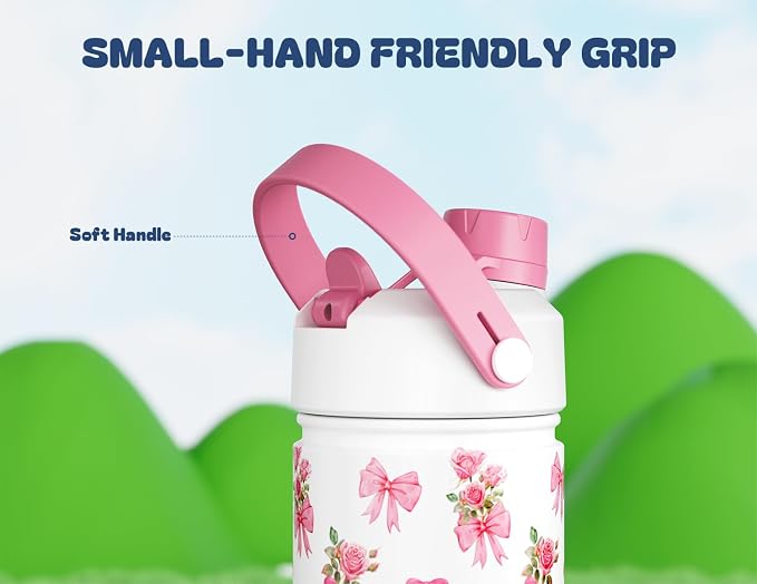 12 oz Insulated Girls Water Bottle: Spill-Proof, Stainless Steel Cup with Straw Spout Lid, BPA-Free, Cupholder Friendly, 24H Cold for Camping, School, Sports, Birthday Gift for Kids (Rosy Bouquet)