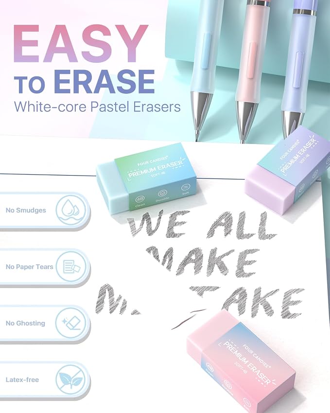 Four Candies Pastel Mechanical Pencil Set, 0.7mm Medium Point, Pack of 6 | 360 HB/2B Leads, 3 Erasers+9 Refills, Storage Case, Cute Pink/Purple/Blue Barrels, Rubber Grip, for School Note Taking, Exams