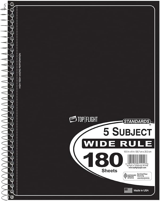 Top Flight Standards 5-Subject Wirebound Notebook, 180 Sheets, 3-Hole Punched, Wide Rule, 10.5 x 8 Inches, 1 Notebook, Color May Vary (31414)