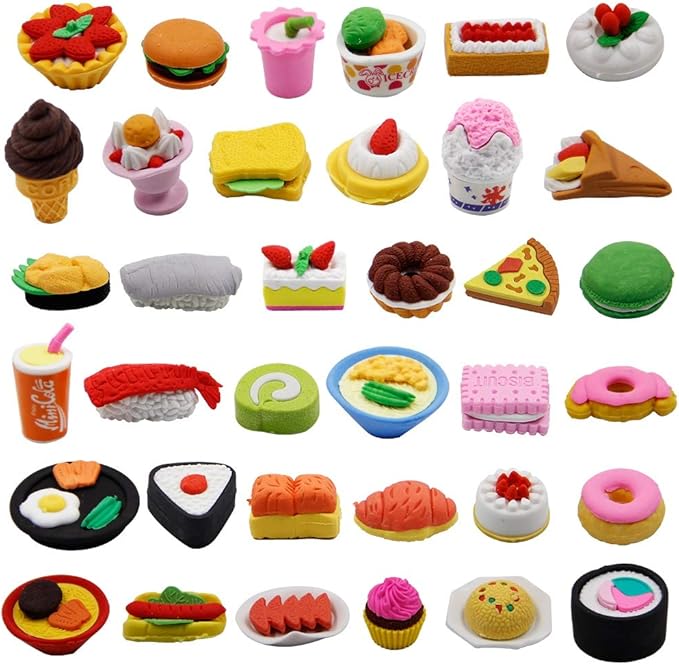 Cllayees 72 Pcs Assorted Food Pencil Erasers Toy Set, Cake Dessert Fruit Puzzle Erasers Toys for Kids Reward Party Favors (Food)