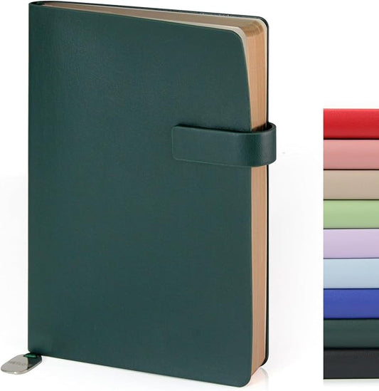 Soft Cover Leather Journal Notebook A5 Lined 212 Pages 5x8.25 Inches with Strap Closure Travel Work School Writing Journaling Notebooks for Women Men Gift Box Packaging Dark Green