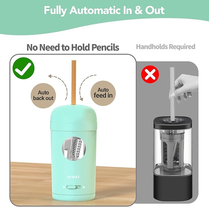 AFMAT Electric Pencil Sharpener, Fully Automatic Pencil Sharpener for 7-8mm Pencils & Colored Pencils, Auto in & Out, Rechargeable Vertical Hands-Free Sharpeners for Classroom/Home/Office PSX7(Green)