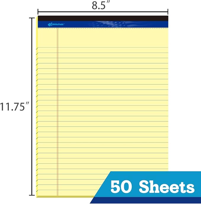 WritePads Legal Pad, 8.5 x 11, Wide Ruled, Canary Paper, 48-Pack, 50 Sheets Per Pad, Micro-Perforated Notepad, Made in USA