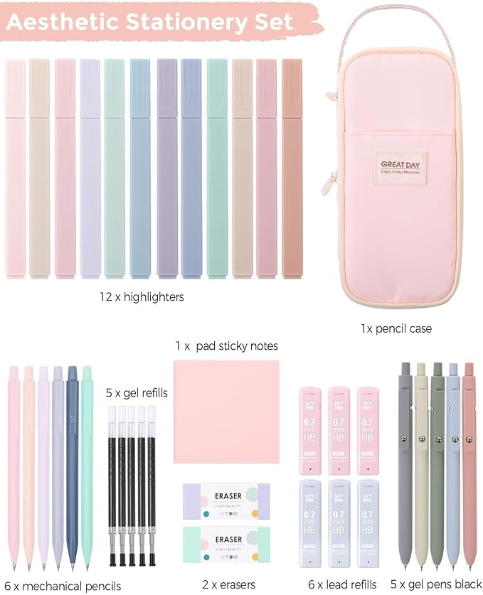 SKYDUE School Supplies Kit, 38 PCS Cute Stationery Set with Large Pencil Case, Pens, Mechanical Pencil Set, Highlighters & Refills, Aesthetic School Supplies for Girls, College, Back to School Pink