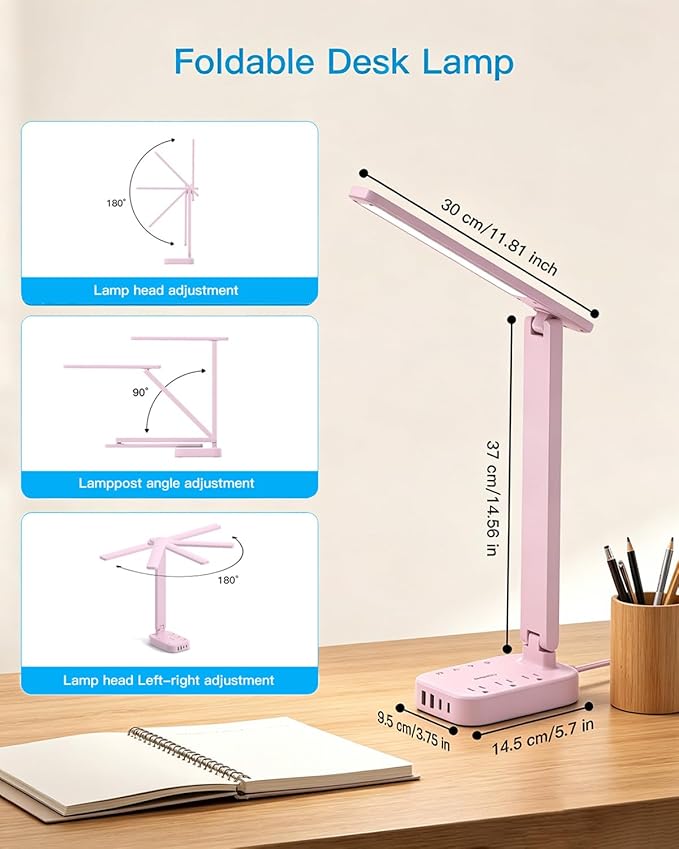 One Beat Small LED Desk Lamp Power Strip 5ft Extension Cord with 3 Outlets 4 USB Ports(2 USB C), 4 Modes, 5 Level Touch Lamp Study Reading Light, Home Office Bedroom College Dorm Room Essentials, Pink