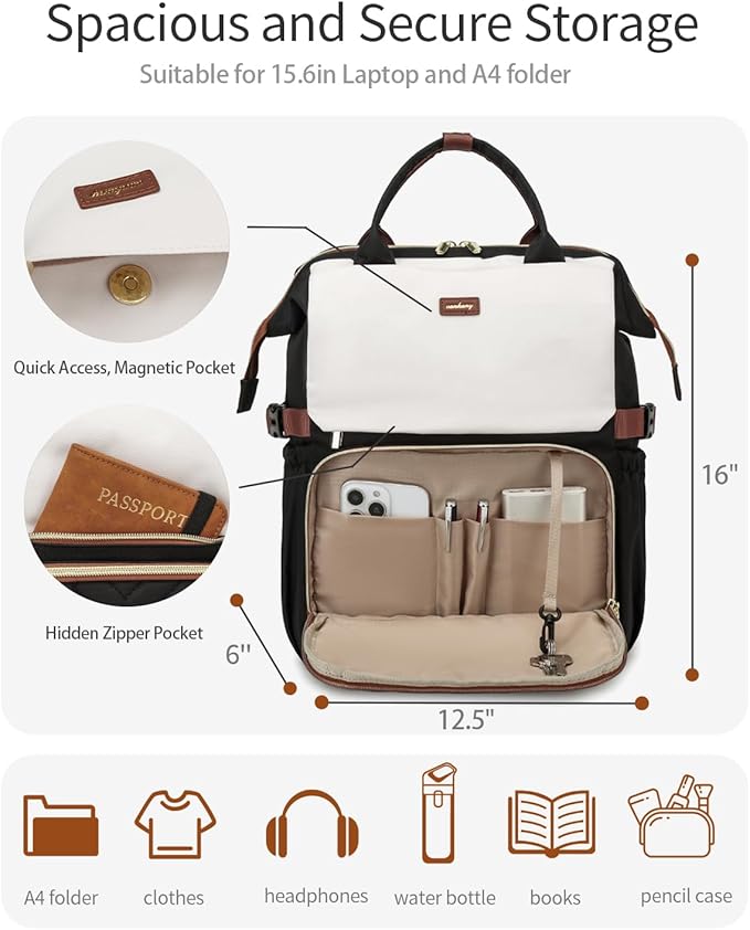 Bookbag for Women Laptop Backpack, Teacher Nurse Work Computer Bags with Cup Holder & USB Charger for Travel, School Bag College Back Pack for Girls, BlackWhiteBrown