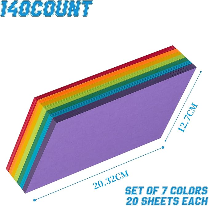 Index Cards 140-Count 5x8 Inch,178GSM Heavyweight Set of 7 Colors Paper Multicolor Study Cards (Rainbow)