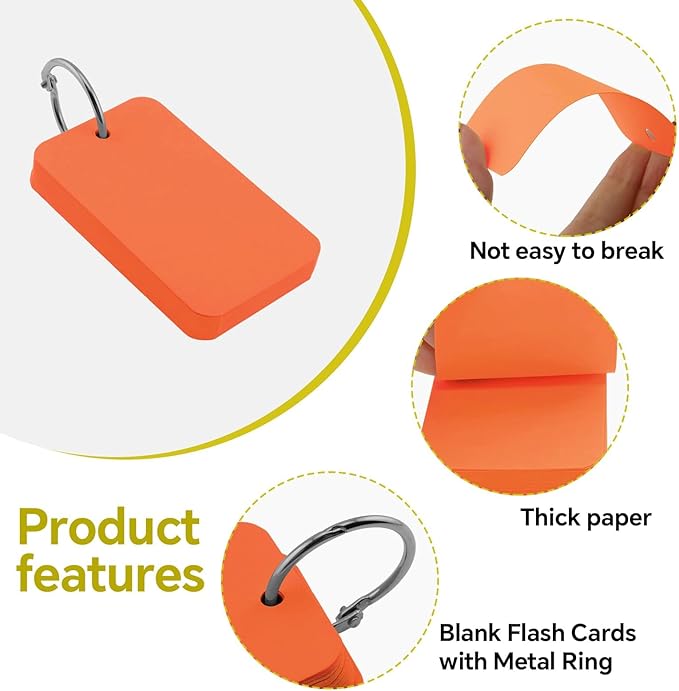 300 Pcs Index Cards with Ring, 2" x 3.5" Orange Blank Flashcards for Studying, Vocabulary, Memos, Bookmark,Greetings (Orange)