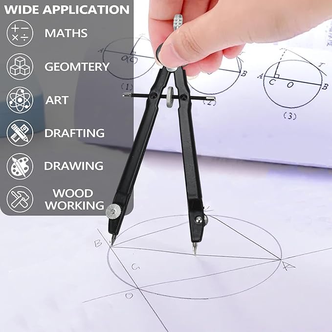 Compass for Geometry, Metal Compass with Extra Refills Compass Drawing Tool for Students Drafting Compass Back to School Supplies (Black 1pc)