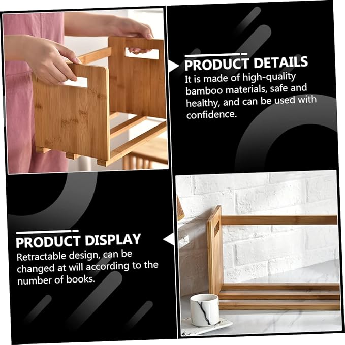 Homoyoyo Bamboo Desktop Book Storage Rack Expandable Bookend for Office and Home Retractable Organizer Shelf Natural Wood Finish Suitable for Books and Magazines