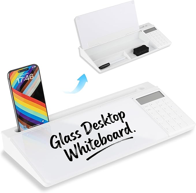 Glass Desktop Whiteboard with Storage & Calculator, Desk Dry Erase Note Memo Board, Compact Desk Organizer for Desk, Home, Study, Office, Back to School Supplies, White