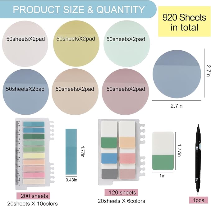 Vuzvuv 920 Sheets Transparent Round Sticky Notes with Pen, Bulk Clear Translucent Sticky Notes Set for Bible Tabs, Book Tabs, Office School Supplies