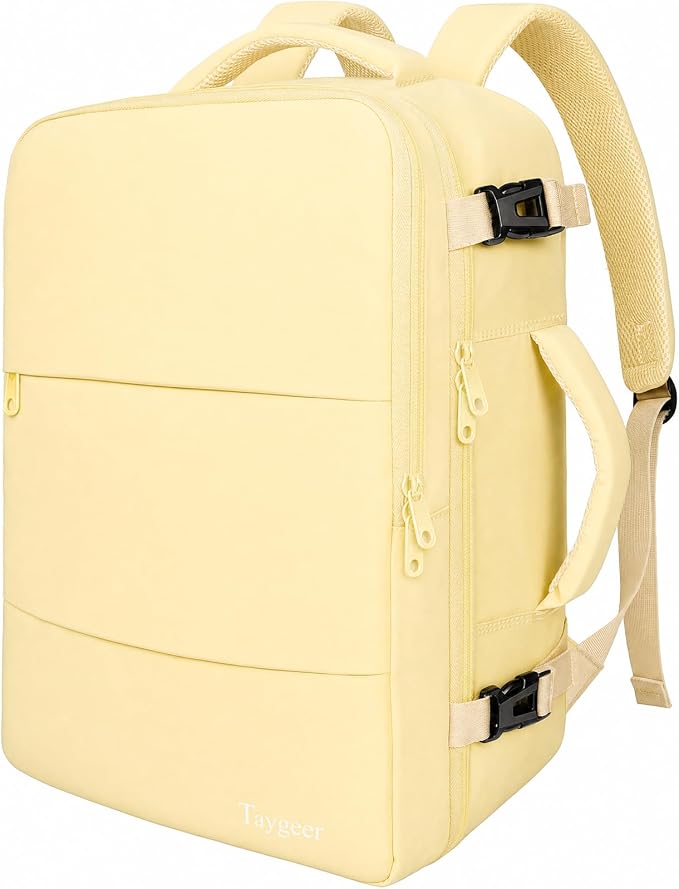 Taygeer 35L Personal Item Travel Backpack for Women, Carry on Backpack | Airline Approved Travel Bag, Laptop Bag with Water Bottle Pocket & Shoe Pouch, Mochila for College Weekender, Beige Yellow