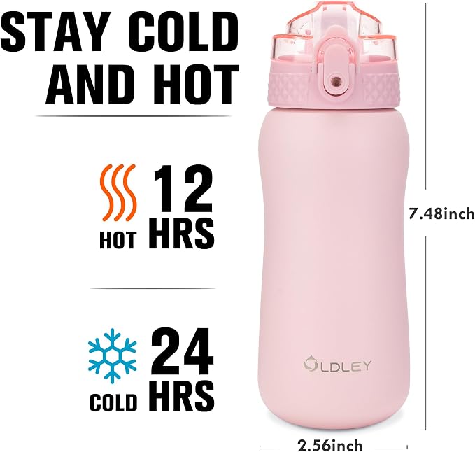 Oldley Insulated Water Bottle 12oz Water Bottles with Straw, Stainless Steel Water Bottle with 2 Lids, Double Wall Vacuum Bottels for Adults Kids, Leak-Proof Sport Bottles for School Travel, Pink