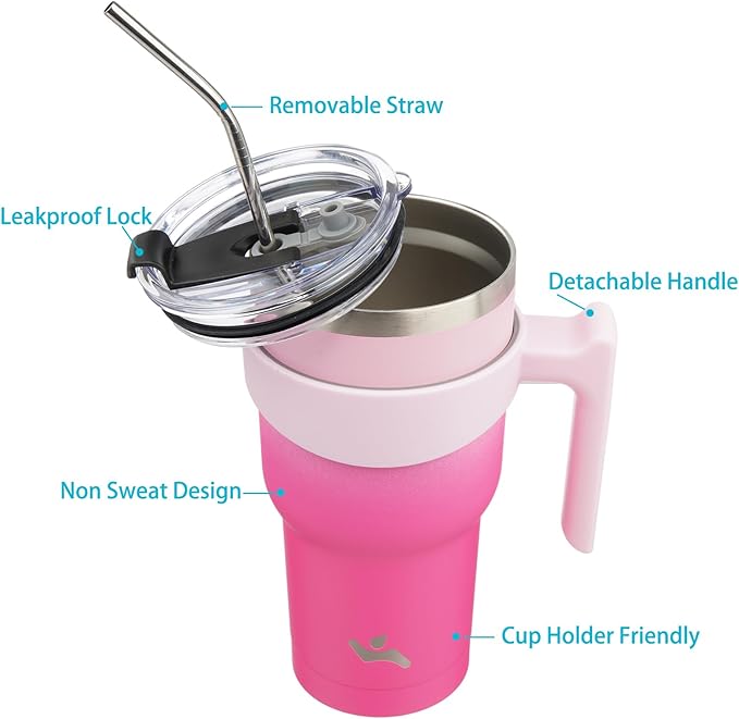 Konokyo 40 oz Tumbler with Handle and 2 Straw 2 Lid, Insulated Water Bottle Stainless Steel Vacuum Cup Reusable Travel Mug, Cherry